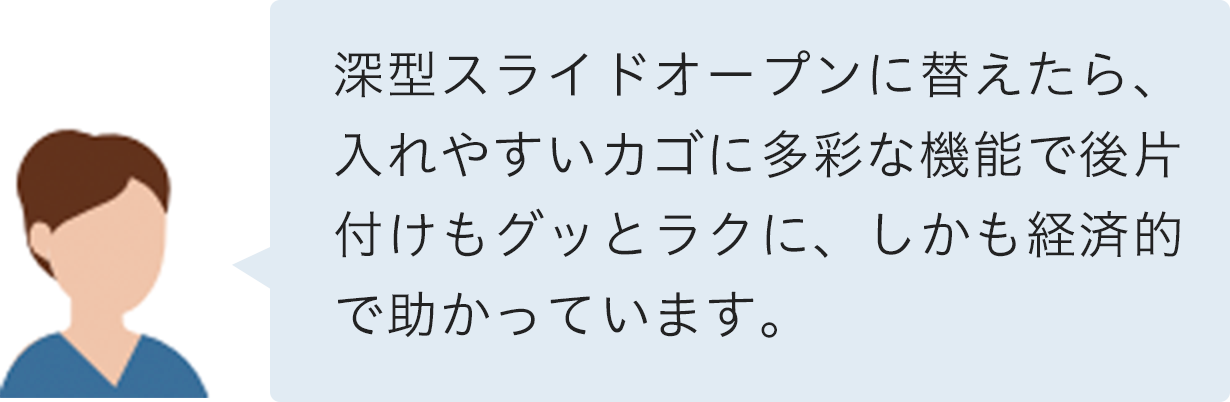 深型スライドオープンに替えたら、入れやすいカゴに多彩な機能で後片付けもグッとラクに、しかも経済的で助かっています。